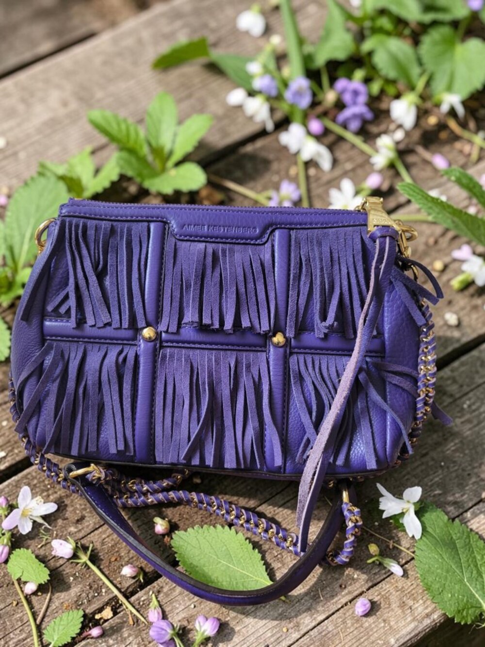 Aimee Kestenberg Purple Leather Fringe Crossbody Bag Chain Strap Gold Hardware